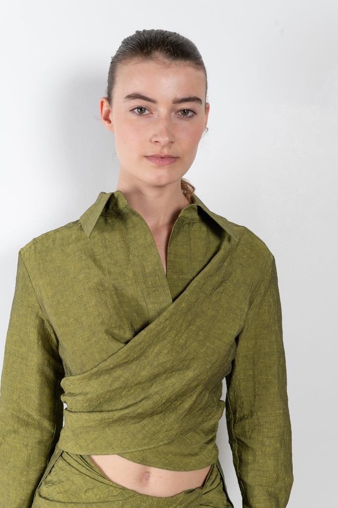 The Sabinas Weave Shirt is a wrap shirt with a short front and longer back piece