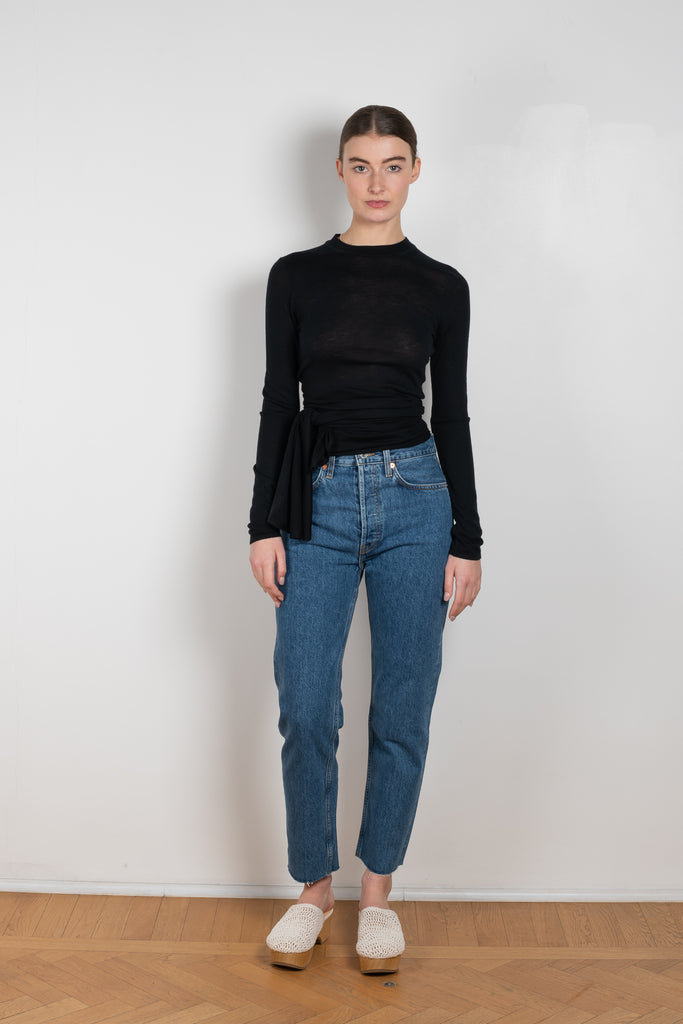 The 70's Stove Pipe Jeans by Redone in color SAF is a signature high rise jeans with a straight ankle length leg in a blue wash
