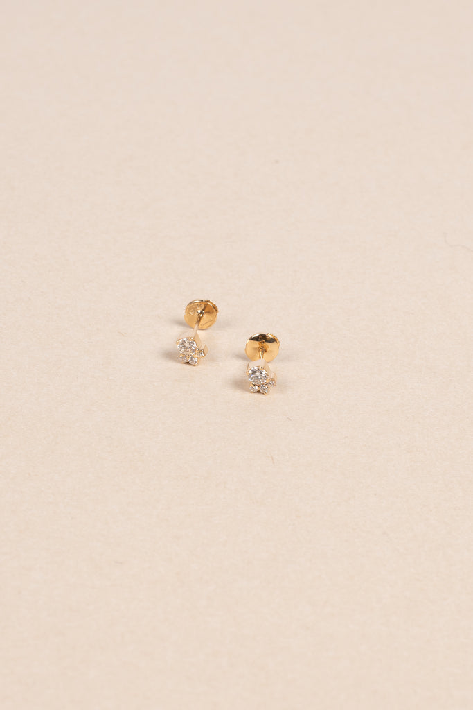 The River Trois Earring by Sophie Bille Brahe is  a delicate and classic single stud earring featuring a diamond solitaire surrounded by three smaller diamonds