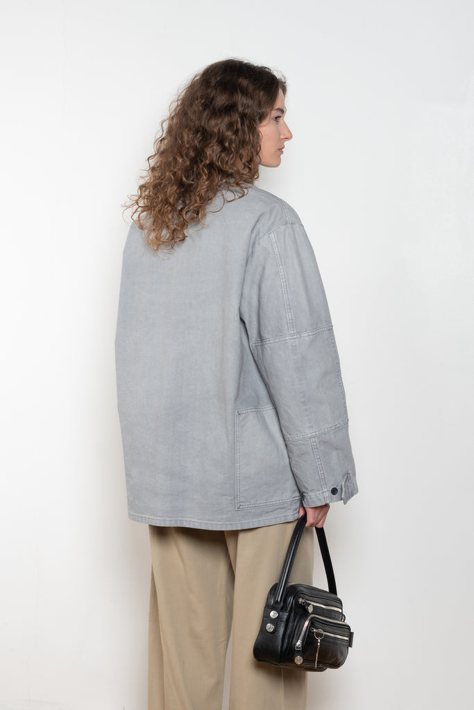 The Barn Jacket by 6397 is a cotton canvas jacket with workwear details and a contrasted waxed canvas collar