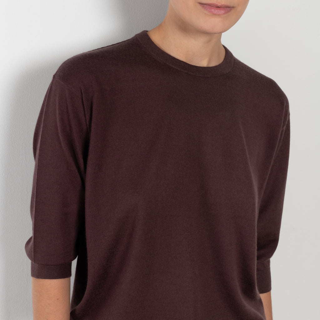 The Elbow Crew Top by 6397 is a relaxed cashmere and wool blend top with a yoke detail on the back