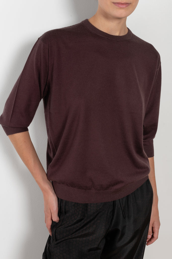The Elbow Crew Top by 6397 is a relaxed cashmere and wool blend top with a yoke detail on the back