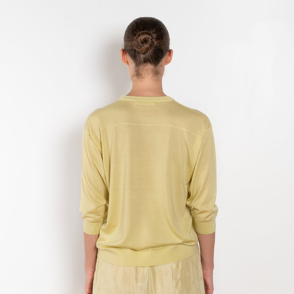 The Elbow Crew Top by 6397 is a relaxed cashmere and wool blend top with a yoke detail on the back