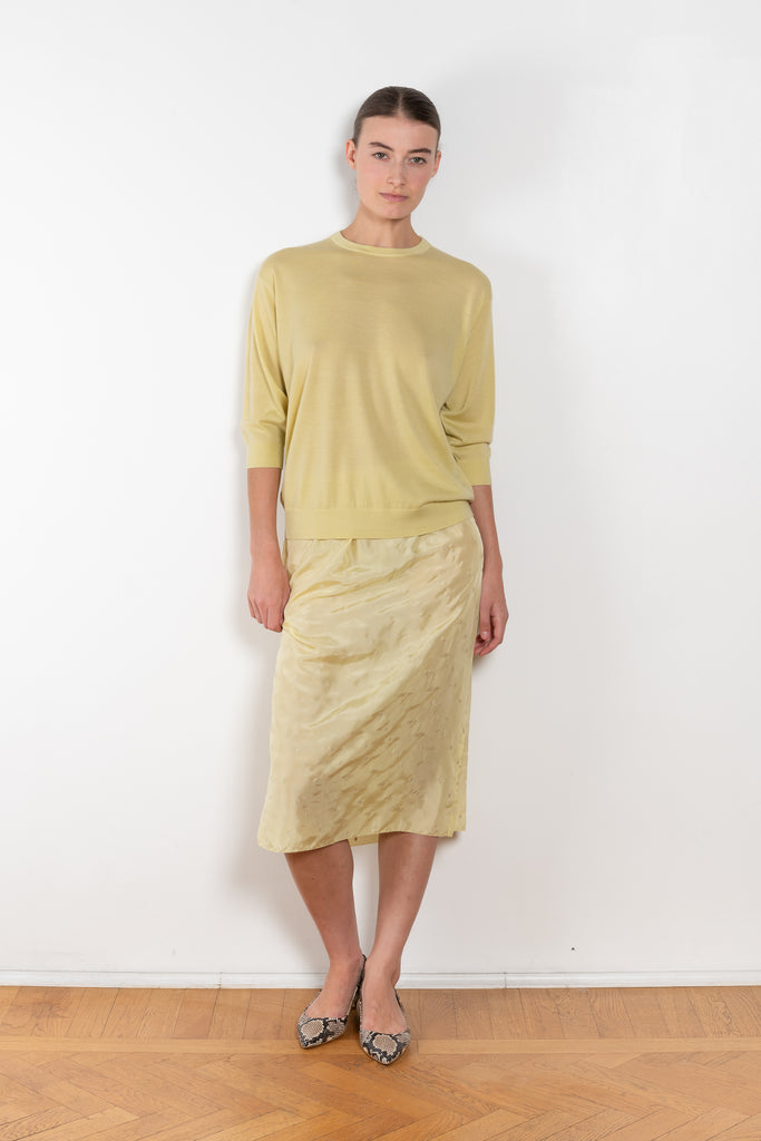 The Elbow Crew Top by 6397 is a relaxed cashmere and wool blend top with a yoke detail on the back