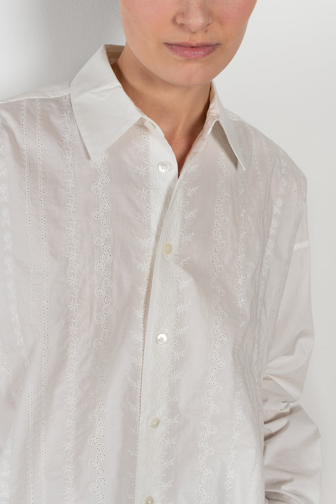 The New Uniform Top by 6397 is a signature oversized boxy cotton shirt with white tonal floral embroidery