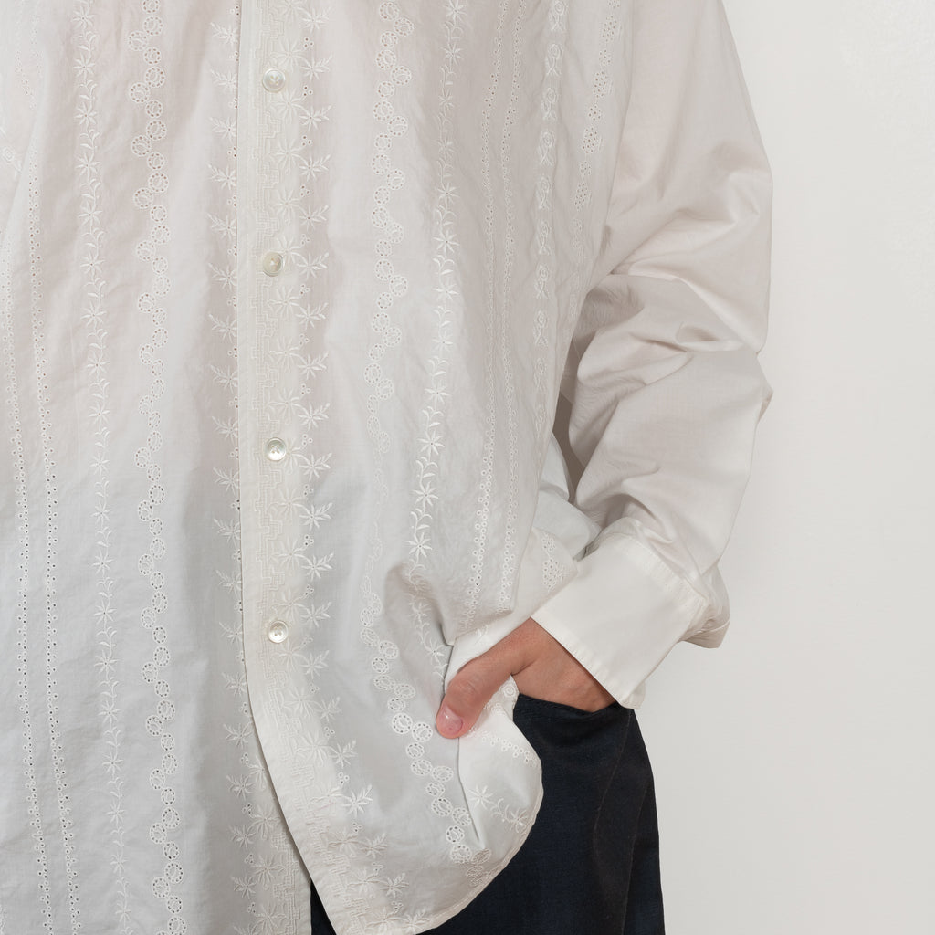 The New Uniform Top by 6397 is a signature oversized boxy cotton shirt with white tonal floral embroidery