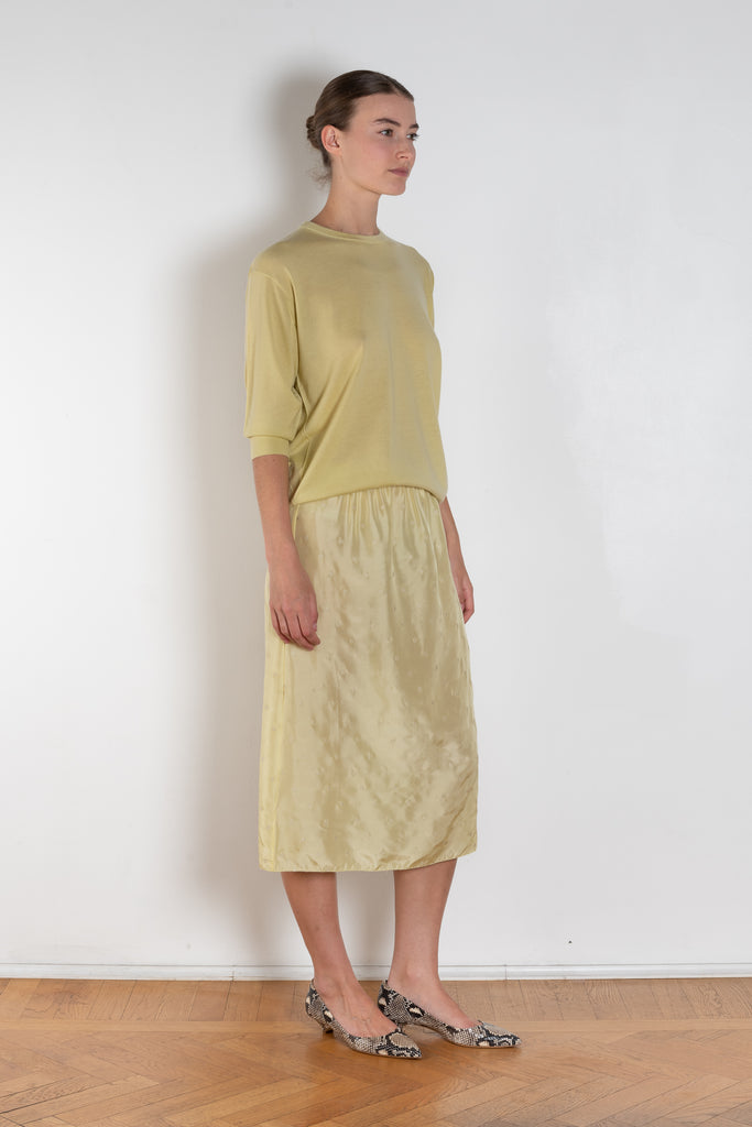 The Embroidered slip Skirt by 6397 in silk habotai has a tonal embroidered dot all over and and an elasticated waist