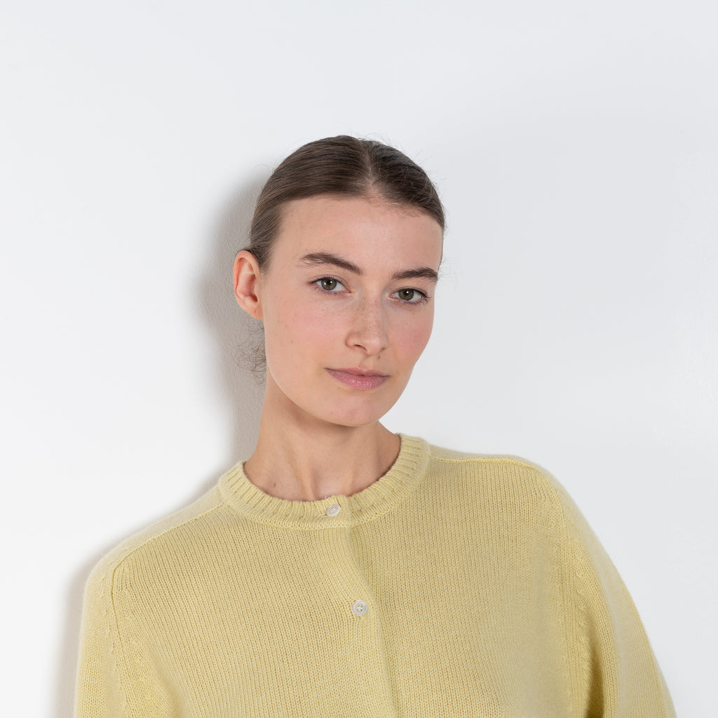 The High Crew Cardigan by 6397 is a buttoned up cashmere and wool blend cardigan