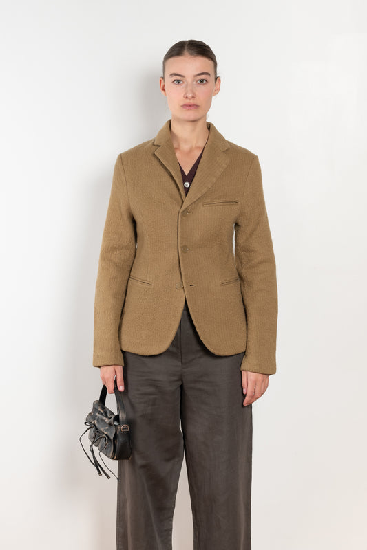 The Boiled Pinstripe Blazer by 6397 is a fitted buttoned jacket in a boiled wool with a delicate pinstripe pattern