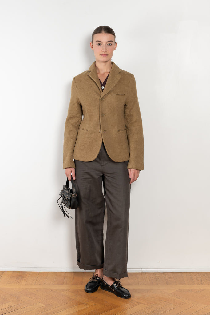 The Boiled Pinstripe Blazer by 6397 is a fitted buttoned jacket in a boiled wool with a delicate pinstripe pattern