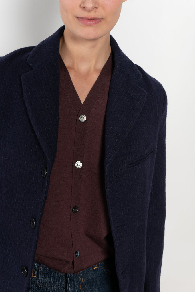 The Boiled Pinstripe Blazer by 6397 is a fitted buttoned jacket in a boiled wool with a delicate pinstripe pattern