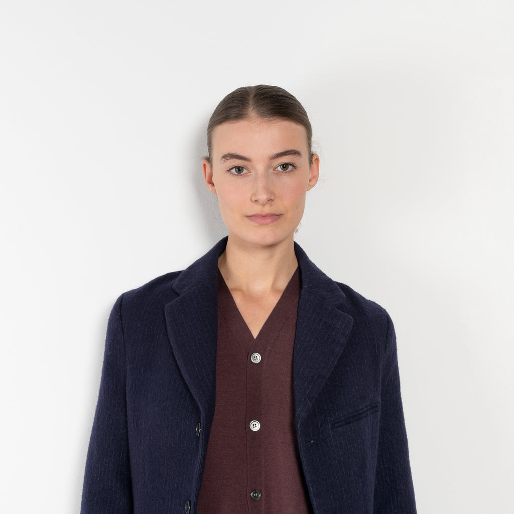 The Boiled Pinstripe Blazer by 6397 is a fitted buttoned jacket in a boiled wool with a delicate pinstripe pattern