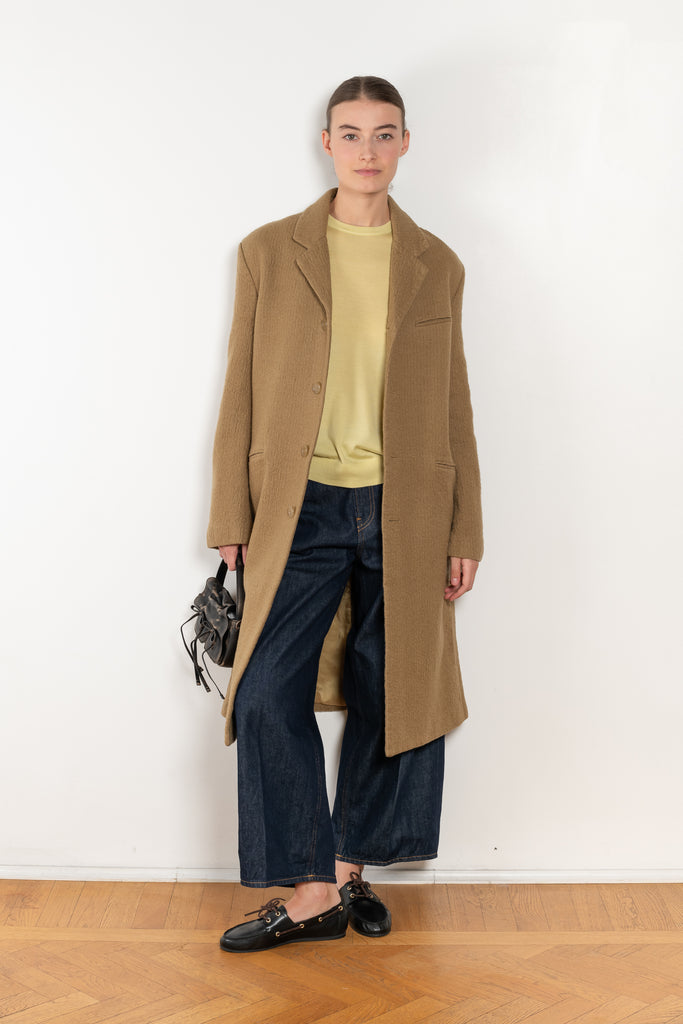 The Boiled Pinstripe Coat by 6397 is a fitted long coat in a boiled wool with a delicate pinstripe pattern