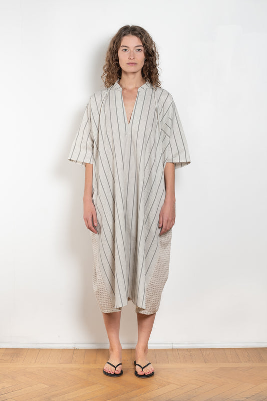 The Kaftan Dress by 6397 has an oversized silhouette and a short, wide sleeve, made from a Japanese patchwork cotton