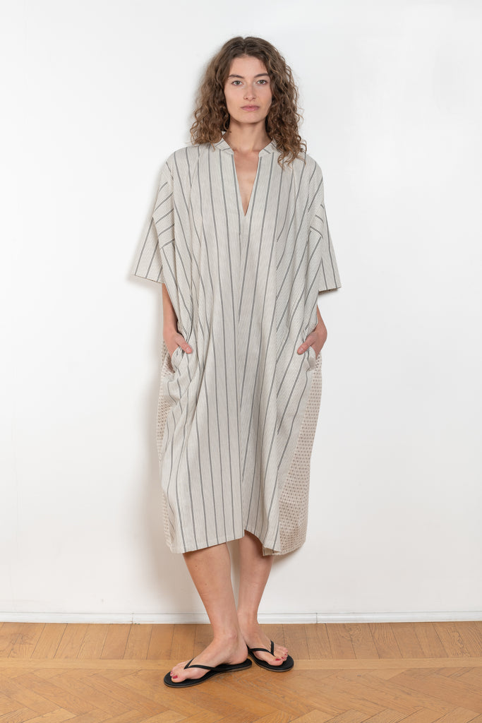 The Kaftan Dress by 6397 has an oversized silhouette and a short, wide sleeve, made from a Japanese patchwork cotton