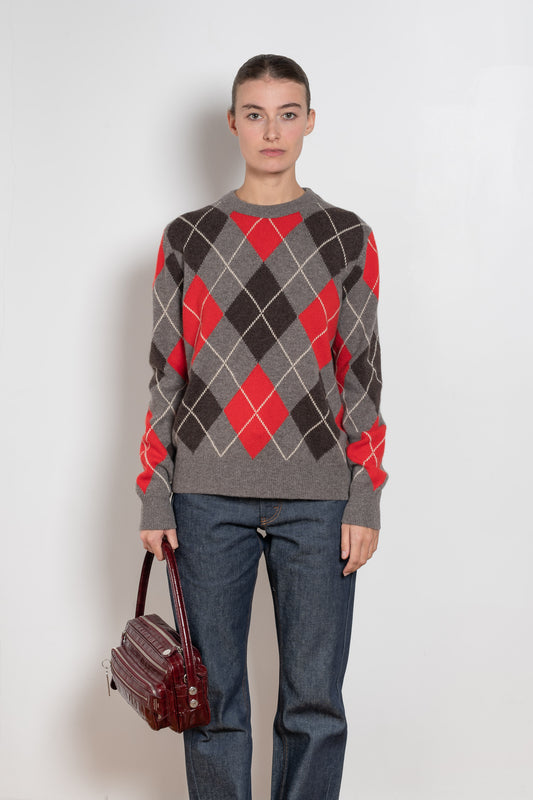 and daughter argyle crewneck grey with red