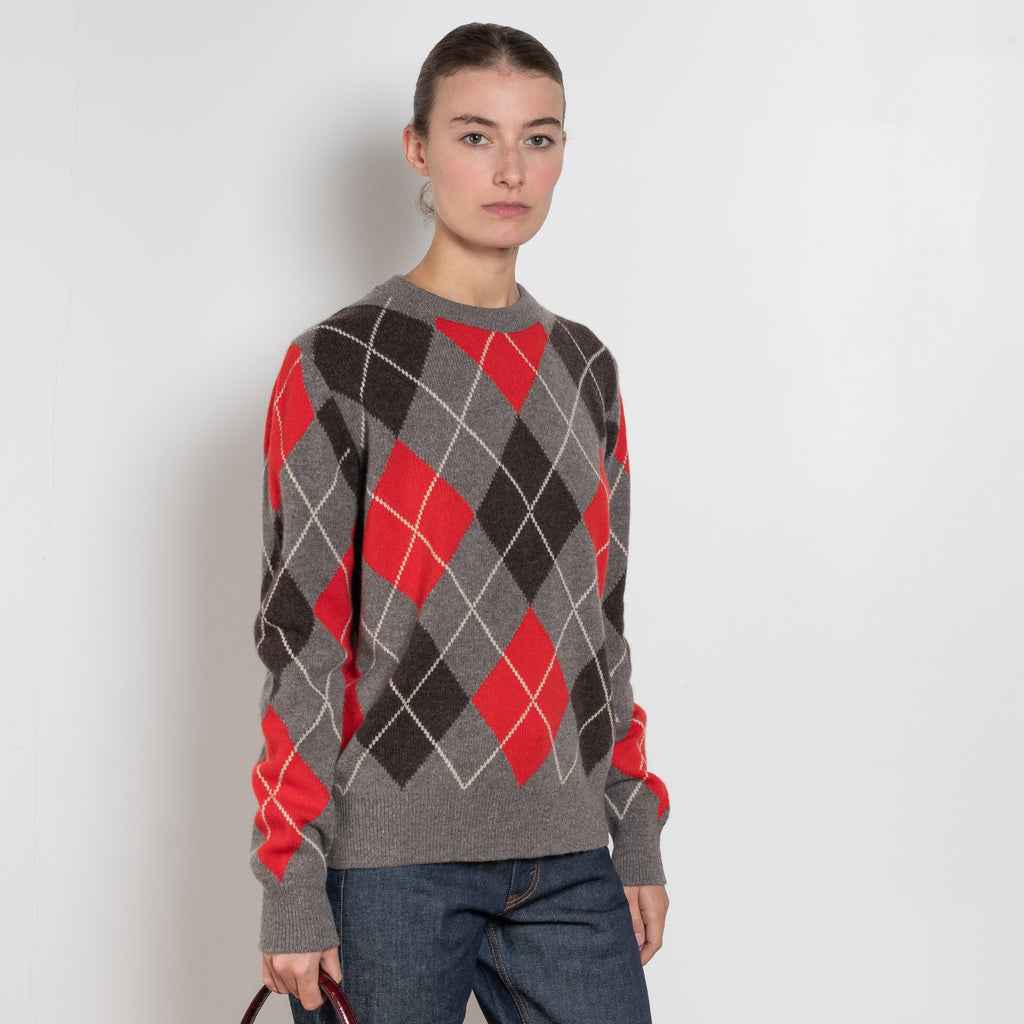 and daughter argyle crewneck grey with red