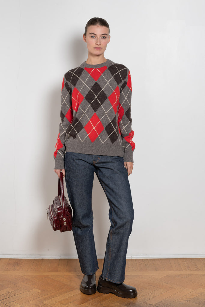 and daughter argyle crewneck grey with red
