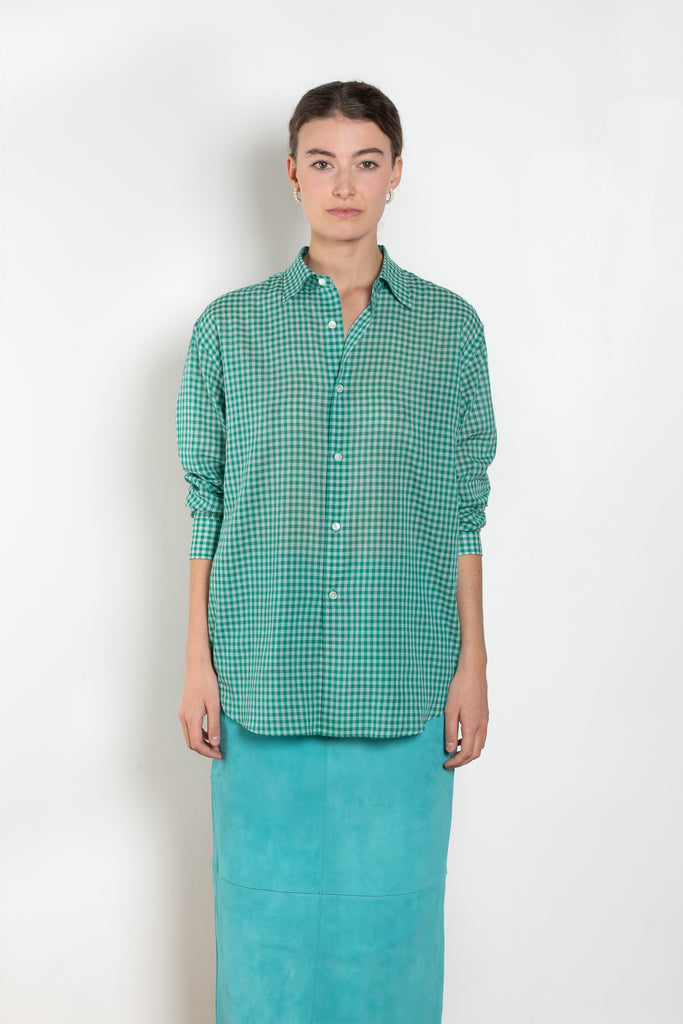 The Airy Light Cotton Shirt by Auralee is an extremely light cotton voile shirt with a gingham check