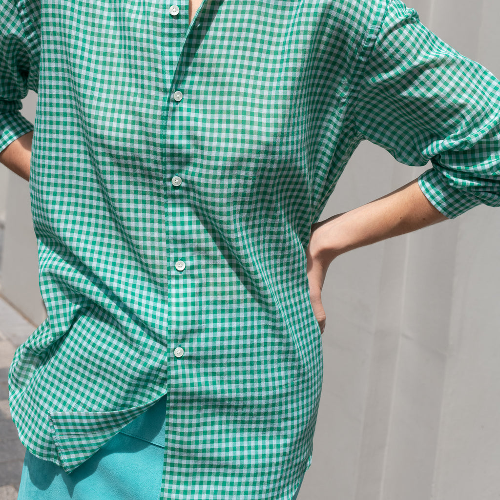 The Airy Light Cotton Shirt by Auralee is an extremely light cotton voile shirt with a gingham check