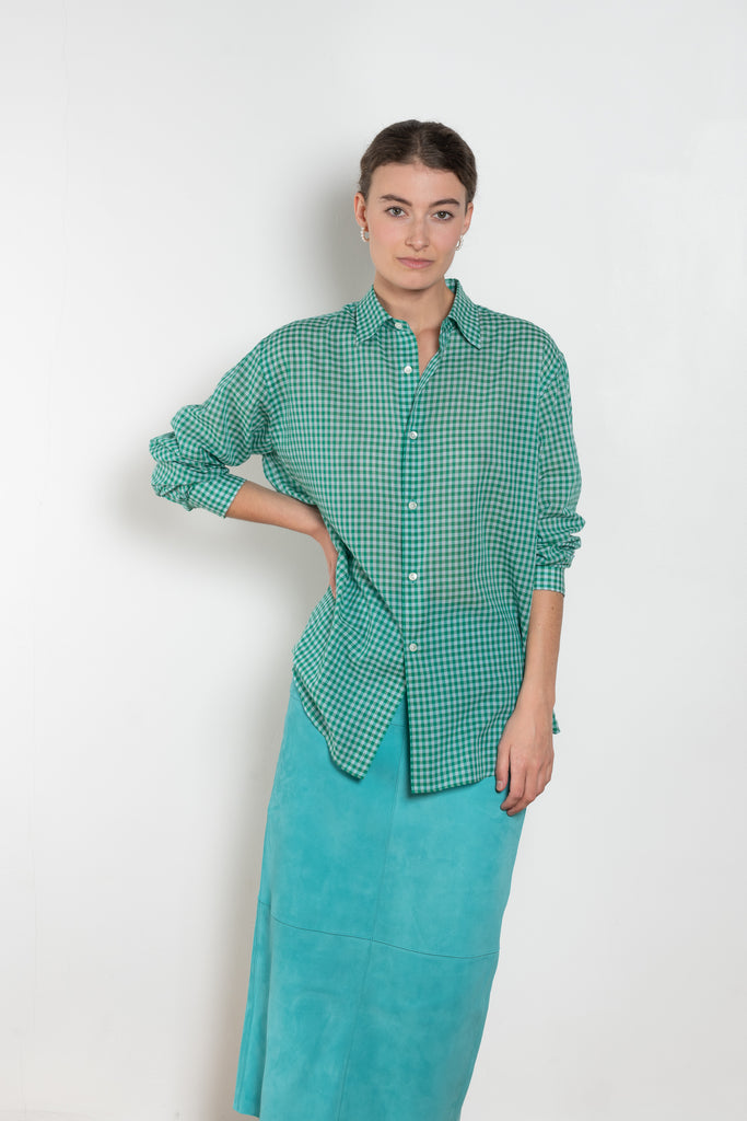 The Airy Light Cotton Shirt by Auralee is an extremely light cotton voile shirt with a gingham check