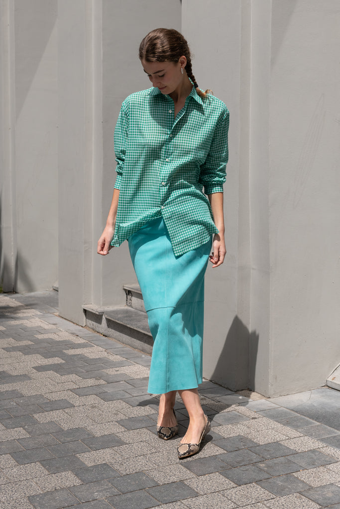 The Airy Light Cotton Shirt by Auralee is an extremely light cotton voile shirt with a gingham check