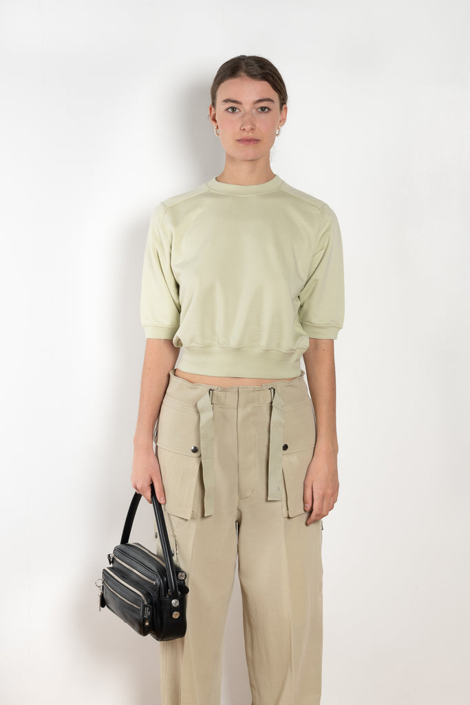 The Half Sleeved Sweat by Auralee is a cropped sweater with a half sleeve in a high quality ultra fine cotton