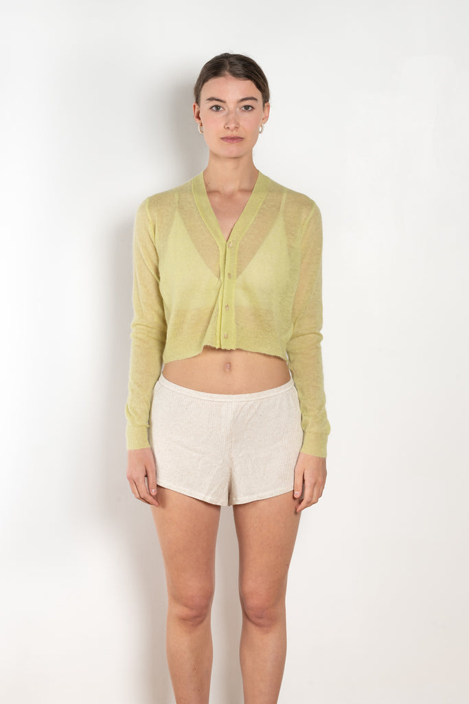 The Mohair Sheer Cardigan by Auralee is a fine knitted cardigan with a delicate, luxurious transparency