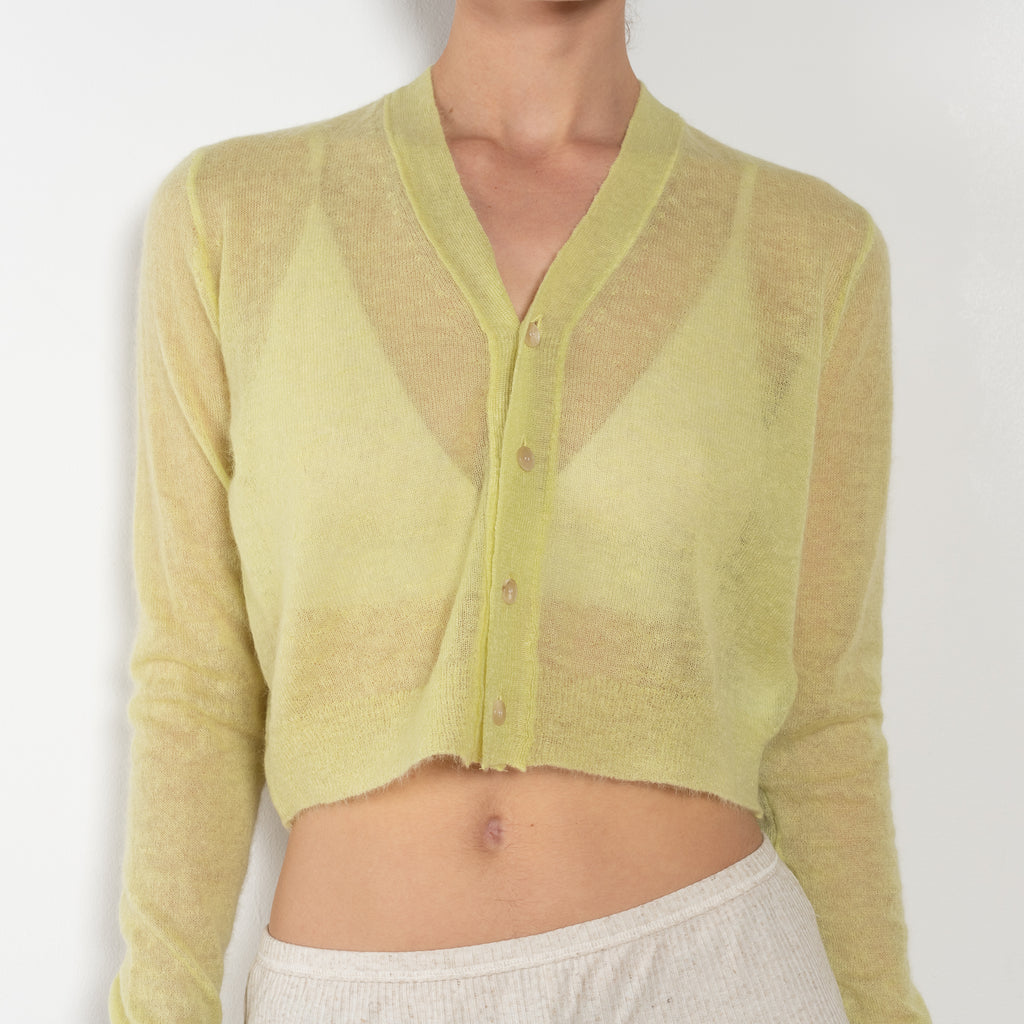 The Mohair Sheer Cardigan by Auralee is a fine knitted cardigan with a delicate, luxurious transparency