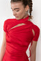 The Asymmetric Draped Dress by Coperni is a draped jersey mini dress with asymmetric details in lipstick red