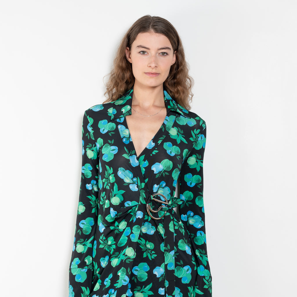 The Print Wrap Dress by Coperni is a feminine wrap dress with a Coperni Logo hardware detail