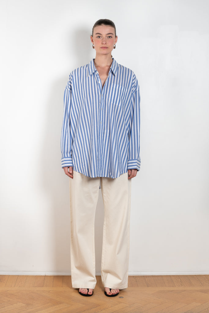 The Button Front Shirt by Denimist is a relaxed oversized shirt in a cotton blue stripe