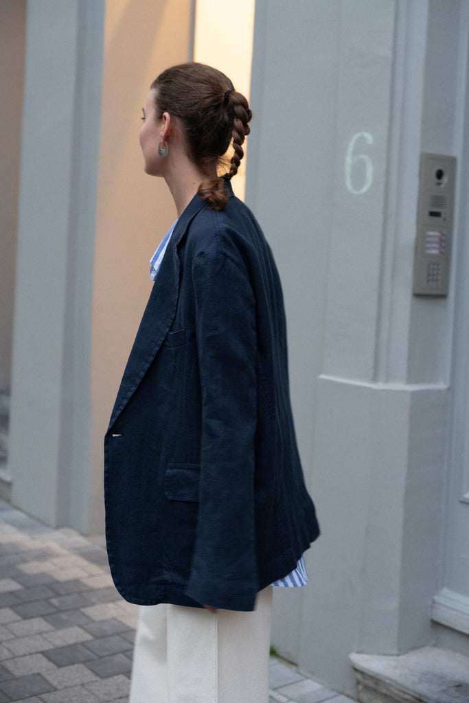 The Linen Blazer by Denimist is a relaxed oversized blazer jacket in a navy summer linen