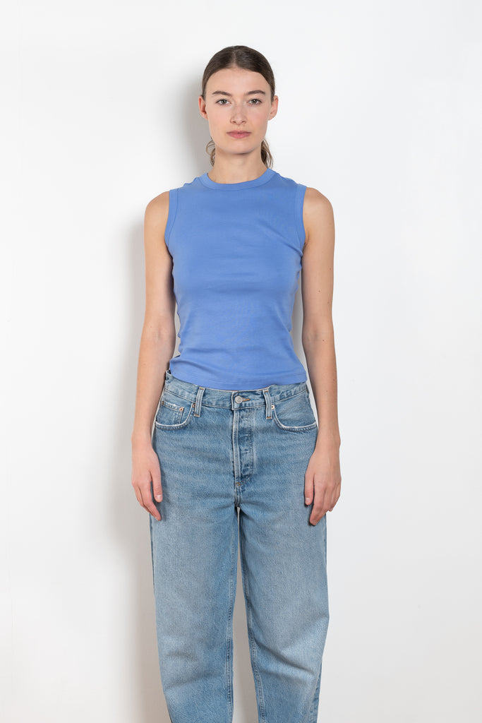 The Esme Tank by Flore Flore is a fitted crew neck tank top with a double stitched cut-off seam on the back.