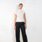 The Trouser 0301 by GAUCHERE is a mid waisted trouser with a wide leg and contrasted cream stitching on the sides