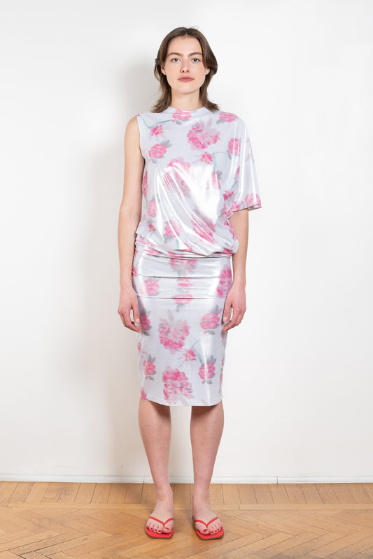 The Didi Slick Dress by Julie Kegels is a one sleeve Glossy dress in a tropical floral print with adjustable length