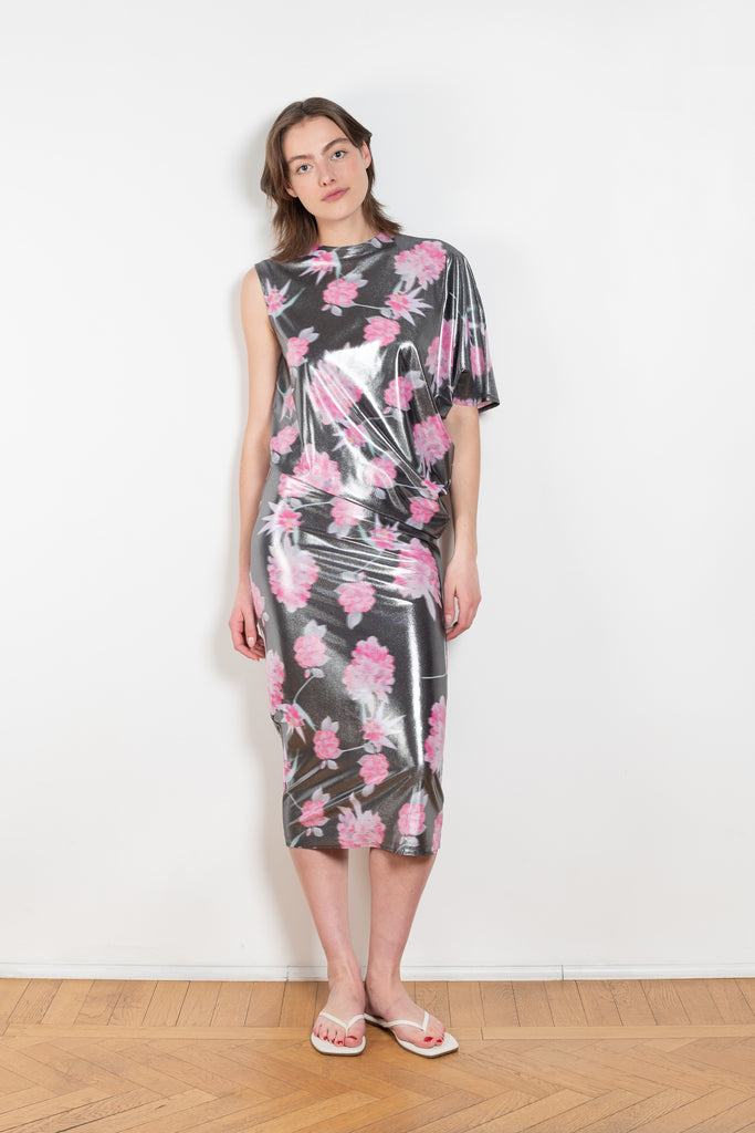The Didi Slick Dress by Julie Kegels is Glossy dress with tropical flower print with adjustable length