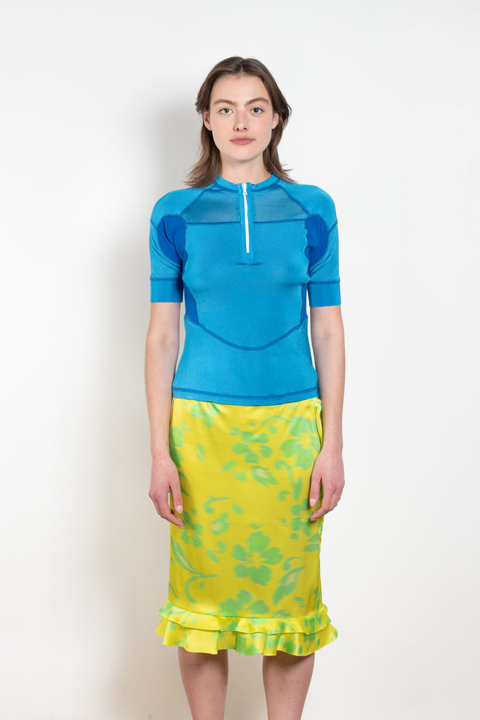 The Kobi Wetsuit Top by Julie Kegels is a knitted top in scuba luxe with zipper in the front