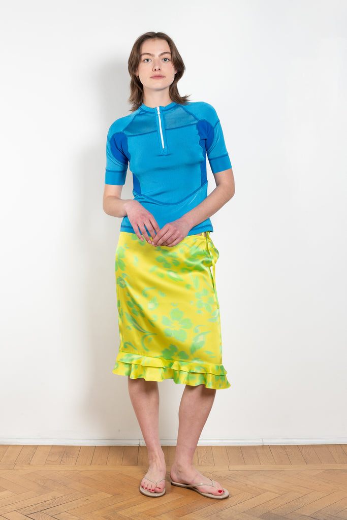 The Kobi Wetsuit Top by Julie Kegels is a knitted top in scuba luxe with zipper in the front