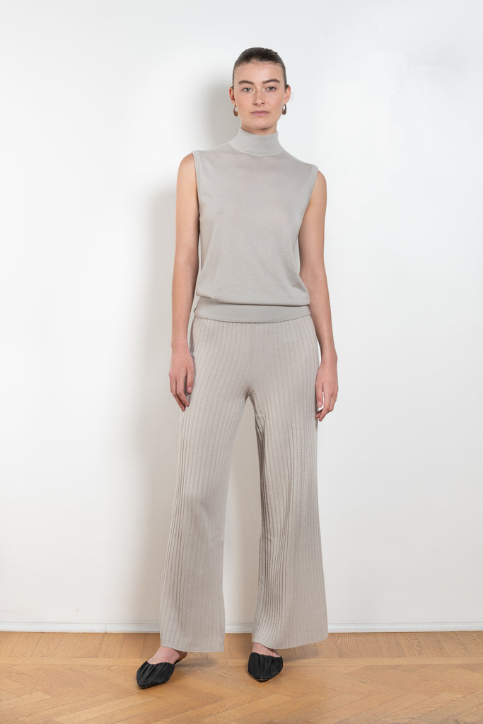 The Delia Trouser by Lisa Yang is a high waisted wide leg trouser in a signature paddington-rib cashmere