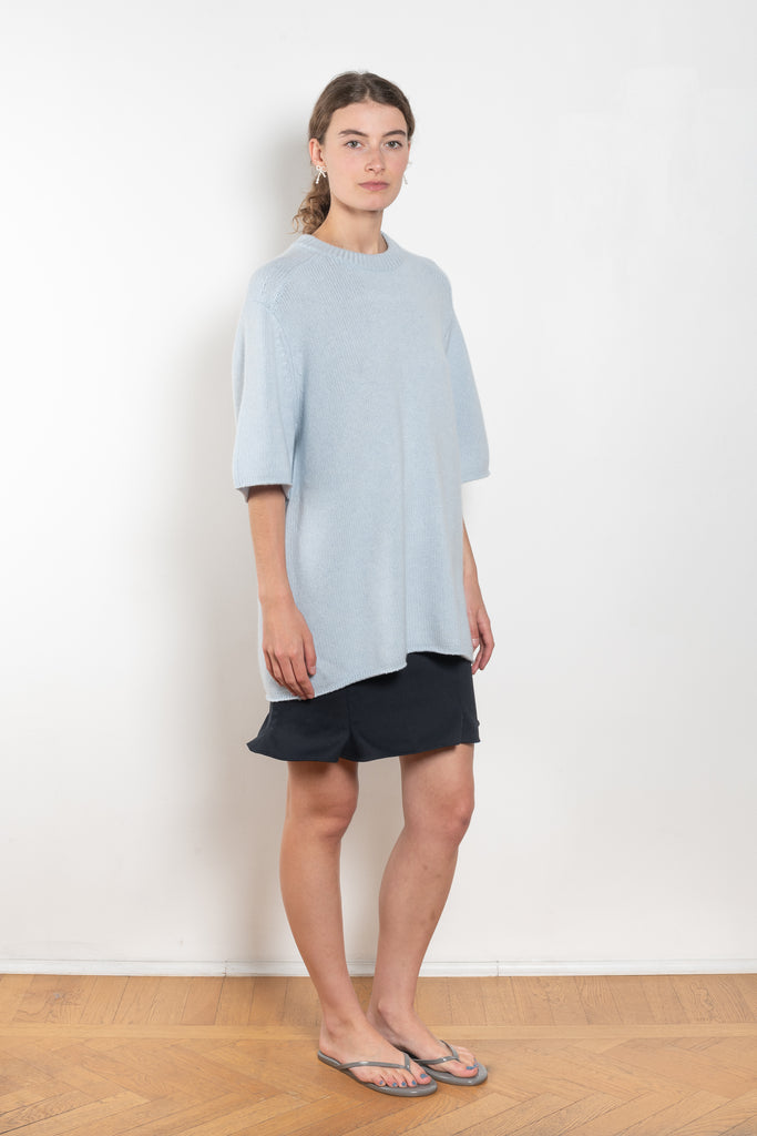 The Elvina Sweater by Lisa Yang a midweight knit oversized cashmere t-shirt with a round neck and loose elbow length sleeves