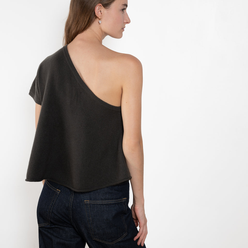 The Livana Top by LISA YANG reimagines everyday knitwear with a modern, asymmetrical silhouette