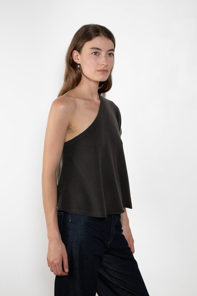 The Livana Top by LISA YANG reimagines everyday knitwear with a modern, asymmetrical silhouette