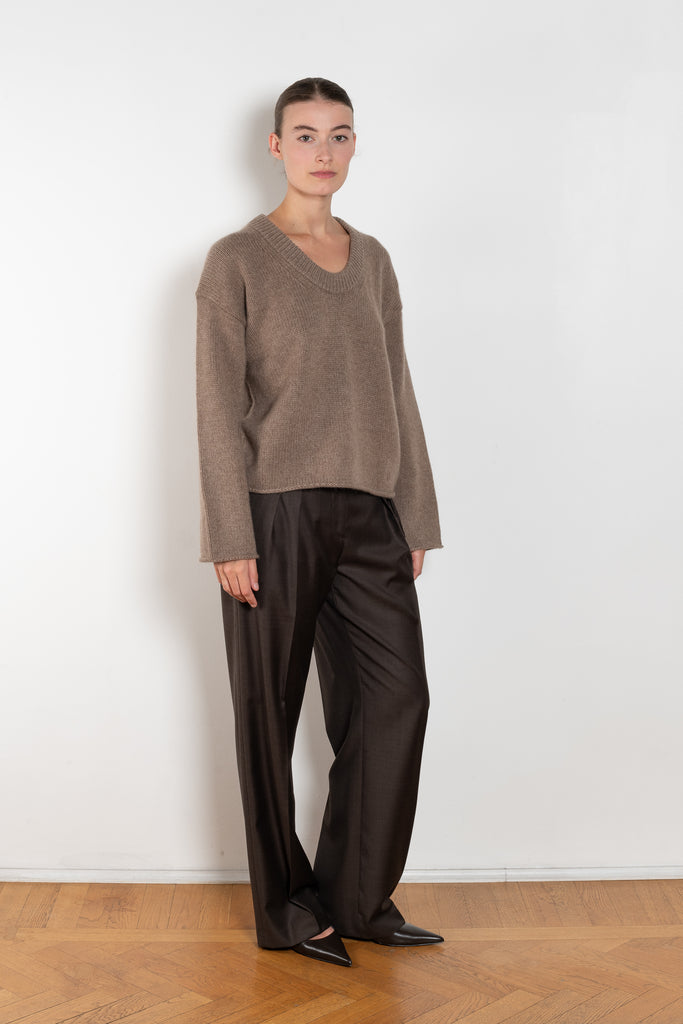 The Derry Sweater by Loulou Studio is an relaxed sweater with an ample fit, a deep U, dropped shoulders and ribbed details in a thicker cashmere