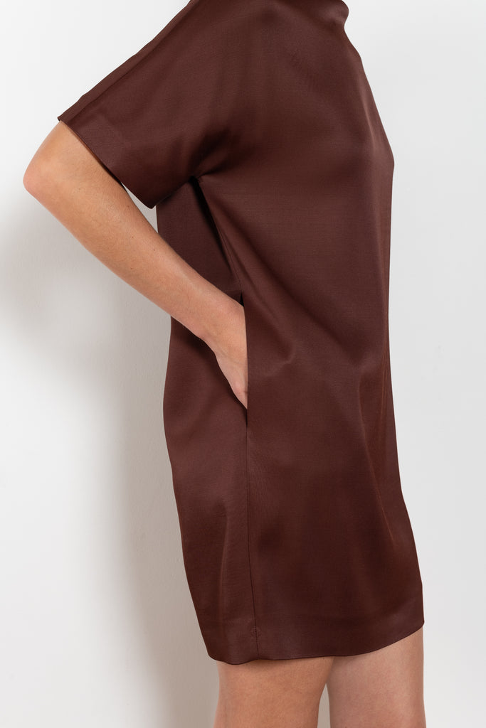 The Elton Mini Dress by Loulou Studio is a mini dress with a high standing collar and two side pockets