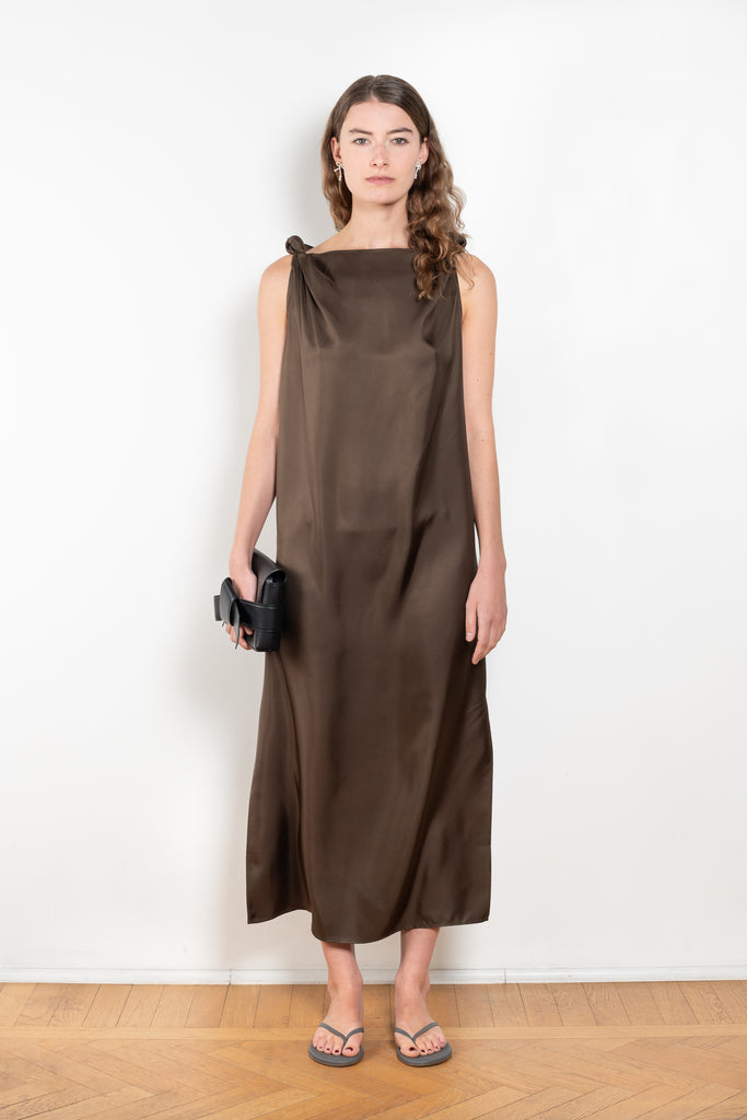 The Moun Dress by Loulou Studio is a cotton silk twill maxi dress with a drape knot detail on the shoulders