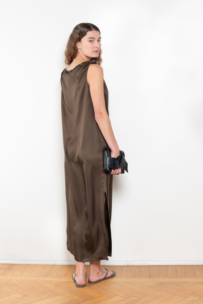 The Moun Dress by Loulou Studio is a cotton silk twill maxi dress with a drape knot detail on the shoulders