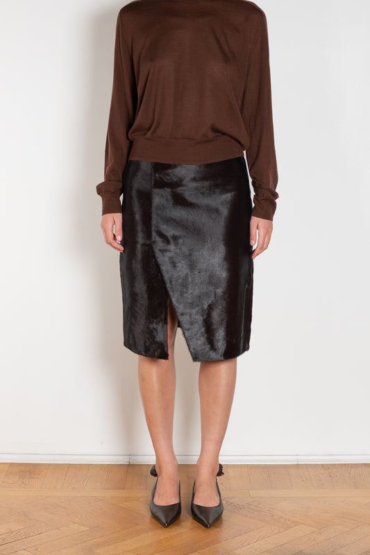 The Myra Skirt by Loulou Studio is a mid waist slit skirt in a pony effect calfskin leather