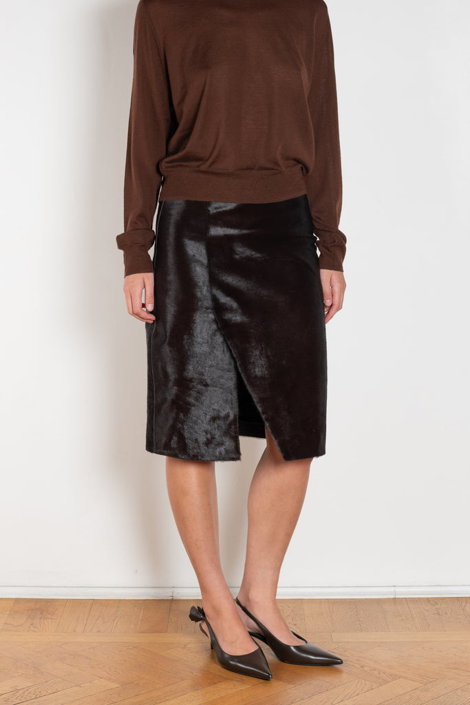 The Myra Skirt by Loulou Studio is a mid waist slit skirt in a pony effect calfskin leather