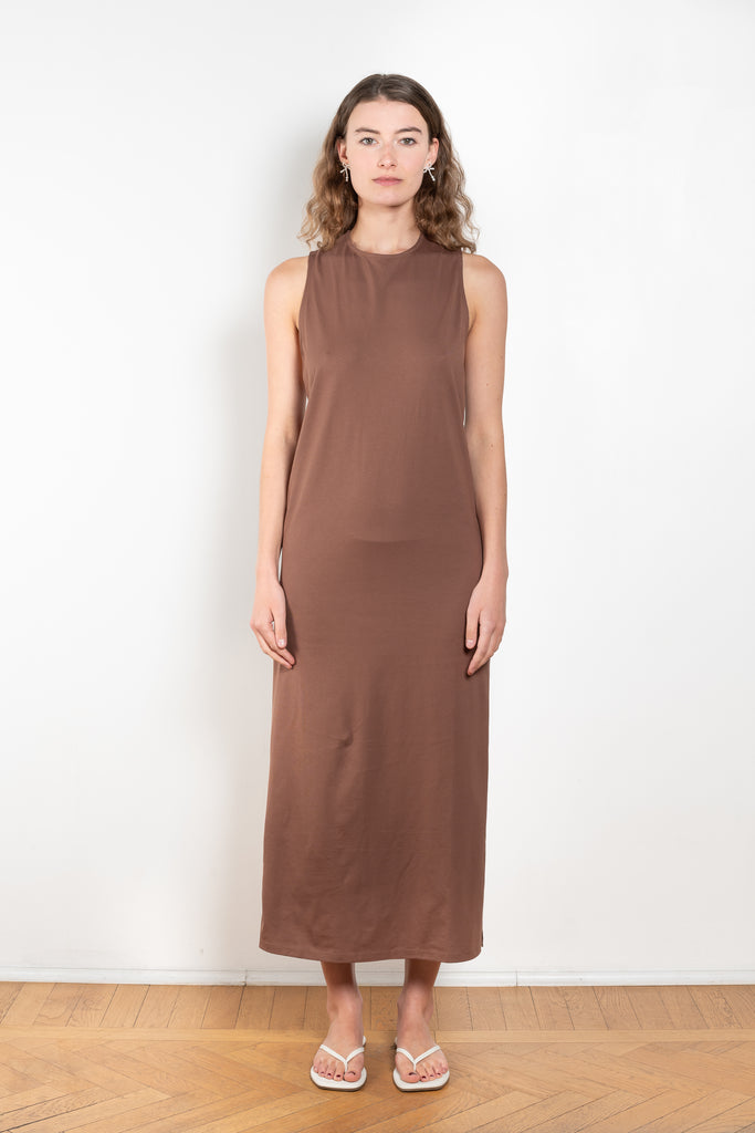 The Rayna Dress by Loulou Studio is a cotton jersey maxi dress with a cross knot detail on the back